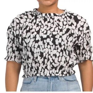 Mango Rouched Crop Top MNG Black & White Blouse Size Small NWT